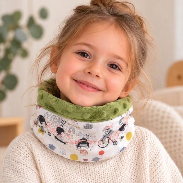 Tour de cou enfant fait main 3/6 ans – Balade à Paris – Snood bi-matières artisanal