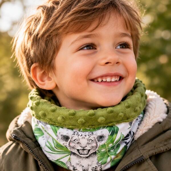 Tour de cou enfant fait main 3/6 ans – Aventure dans la jungle – Snood bi-matières artisanal