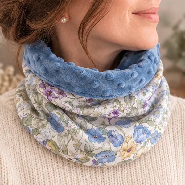 Tour de cou femme fait main – Jardin d'azur – Snood bi-matières artisanal