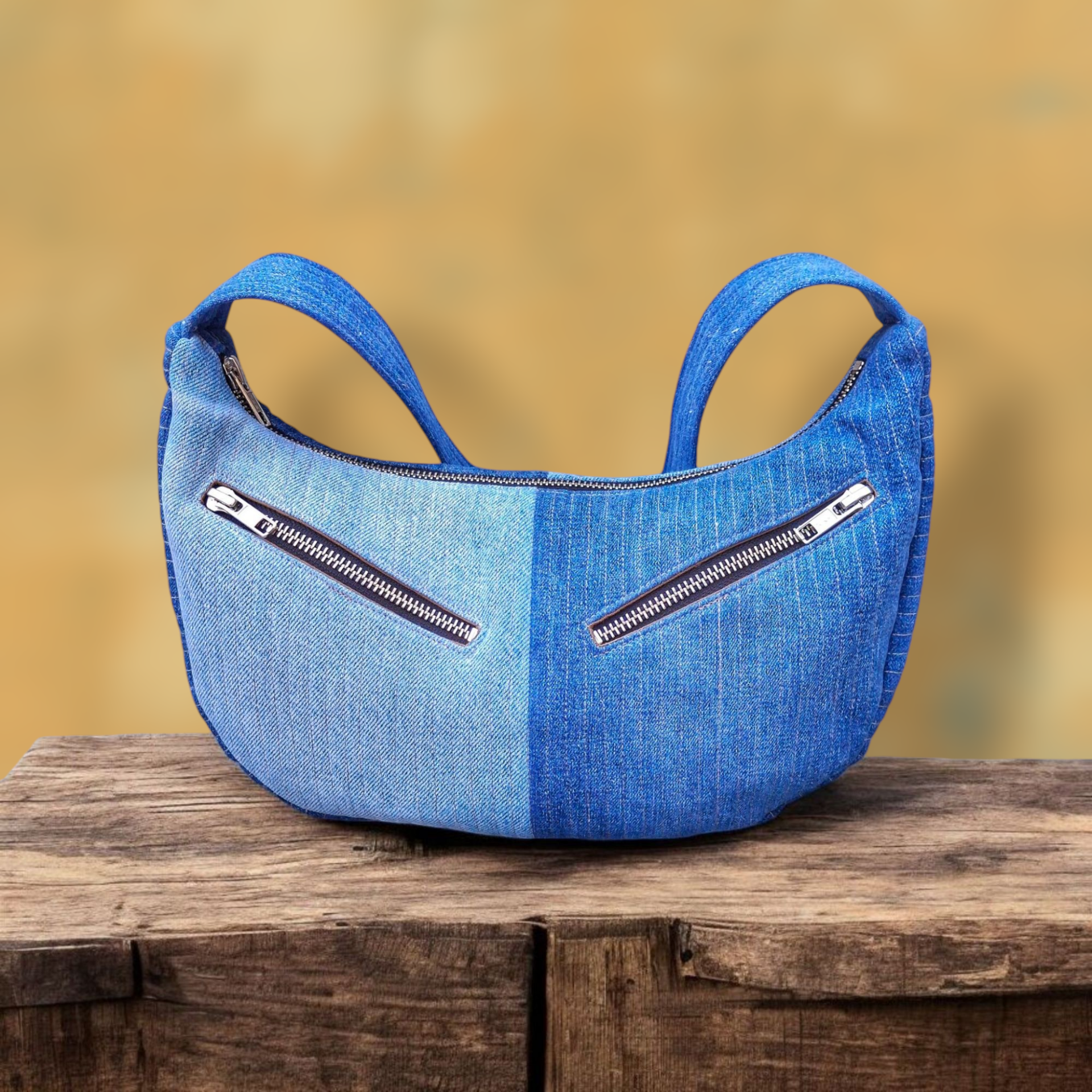 Kleine schoudertas met rits in 2 tinten hergebruikte denim