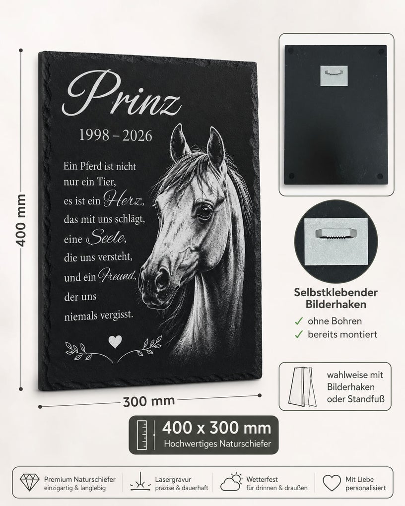 Personalisierte Gedenktafel für Pferd Prinz aus schwarzem Naturschiefer im Format 400 mal 300 Millimeter mit Pferdeportrait, Name, Lebensdaten und Abschiedsspruch