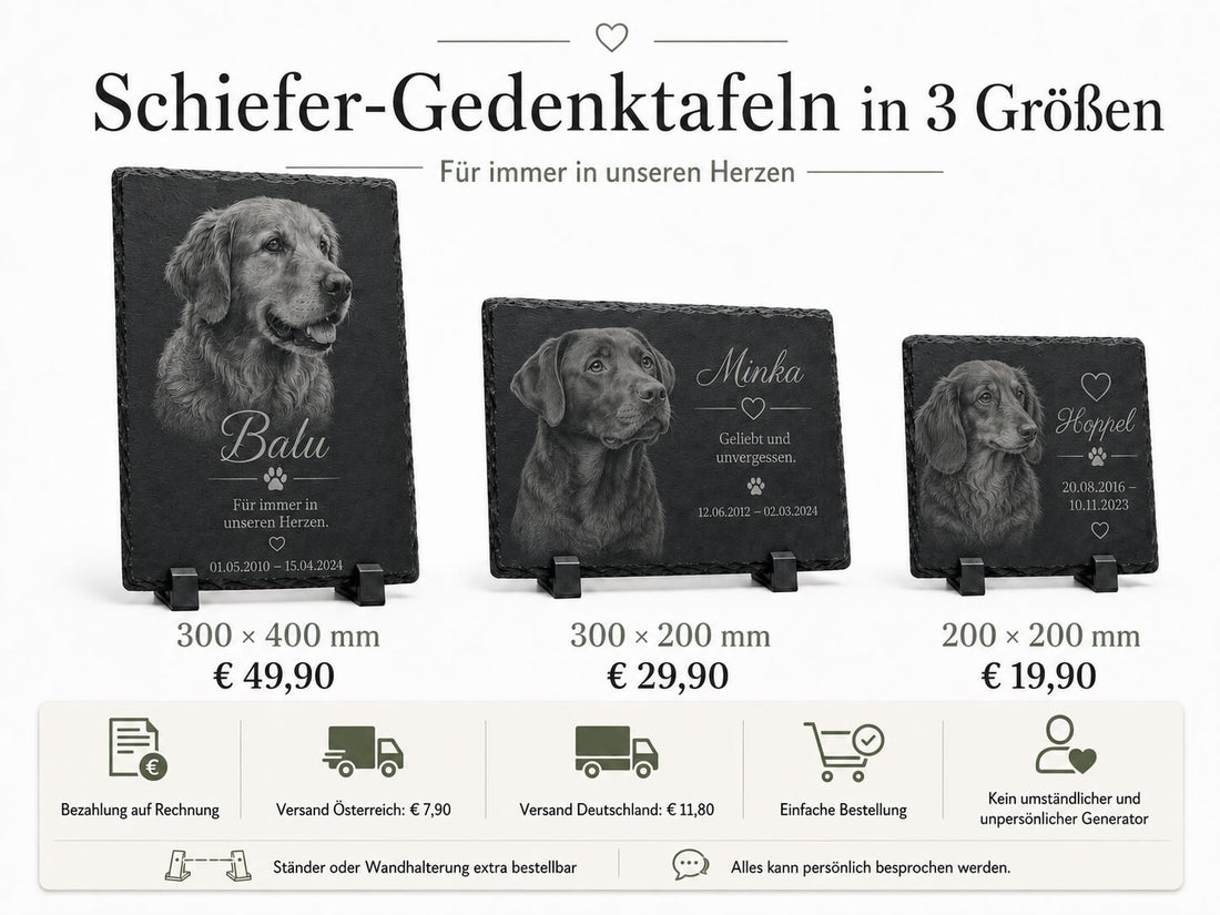 Personalisierte Tiergedenktafeln aus Schiefer mit Foto in drei Größen