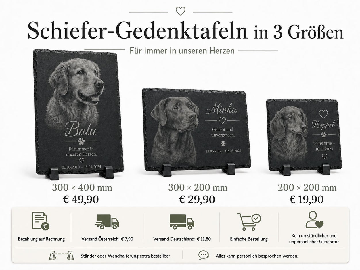 Wetterfeste personalisierte Grabsteine für Hunde aus Naturschiefer in drei Größen mit Fotogravur, Name und Gedenktext