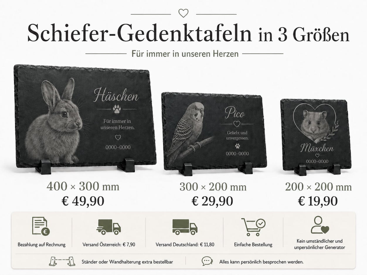 Personalisierte Schiefer-Gedenktafeln für Kaninchen, Wellensittich und Hamster in den Größen 200 mal 200, 300 mal 200 und 400 mal 300 Millimeter