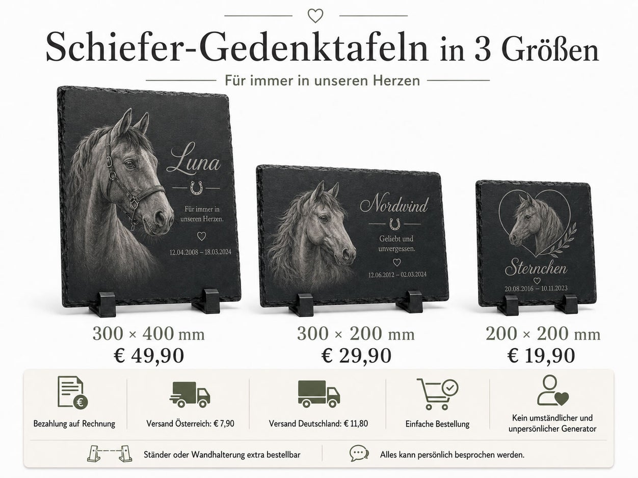 Drei wetterfeste Grabsteine für Pferde aus Naturschiefer in verschiedenen Größen mit individueller Fotogravur, Namen und Lebensdaten
