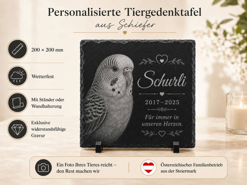 Personalisierter Grabstein für Kleintiere mit Foto auf wetterfestem Naturschiefer