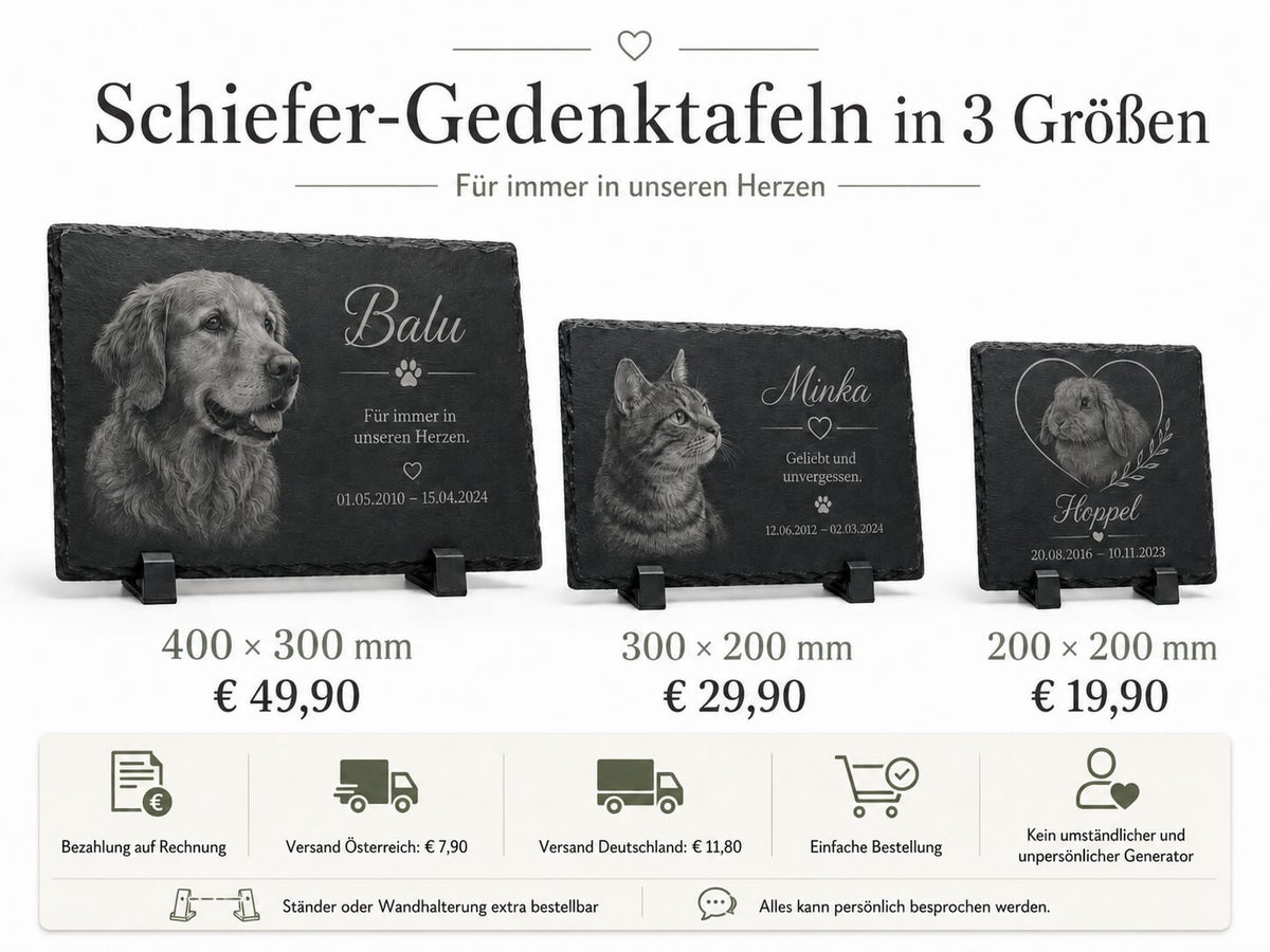 Personalisierte Tiergrabsteine aus Schiefer für Hund, Katze und Haustiere in drei Größen mit Fotogravur