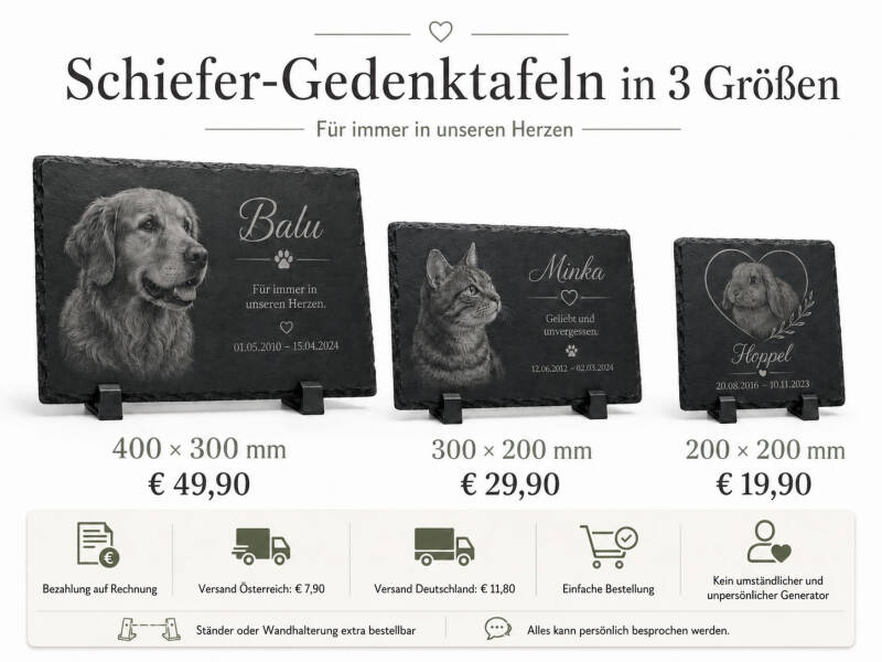 Tiergrabsteine aus Schiefer mit Foto-Gravur in drei Größen für Hunde, Katzen und Haustiere – personalisiert, wetterfest und auf Rechnung