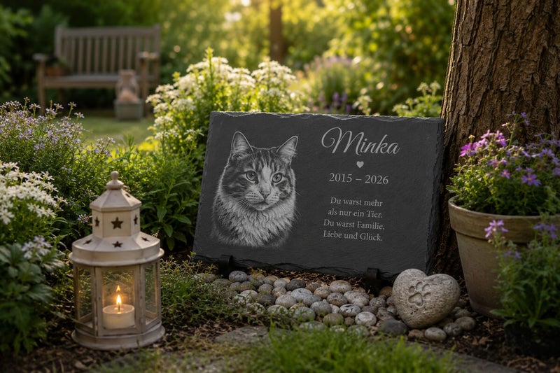 Ruhiger Erinnerungsplatz für eine verstorbene Katze mit gravierter Schiefertafel