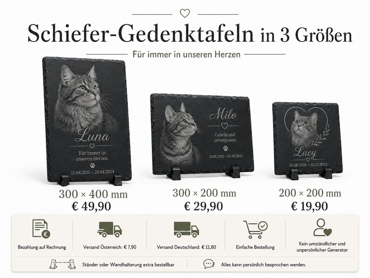 Katzen-Grabsteine aus Naturschiefer in drei Größen mit persönlicher Fotogravur, Name, Lebensdaten und Wunschtext