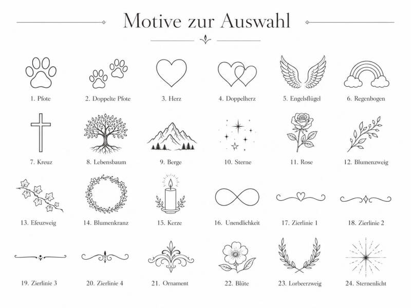 Übersicht eleganter Motive zur Auswahl für Tiergedenktafeln aus Schiefer, darunter Pfote, doppelte Pfote, Herz, Engelsflügel, Regenbogen, Kreuz, Lebensbaum, Berge, Sterne, Rose, Kerze und dekorative Zierlinien.