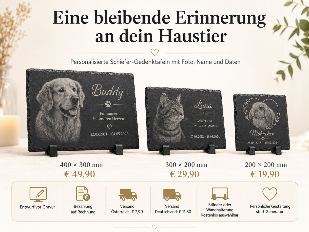 Personalisierte Schiefer-Gedenktafeln für Hund, Katze und Kleintier mit Foto in drei Größen und Preisen
