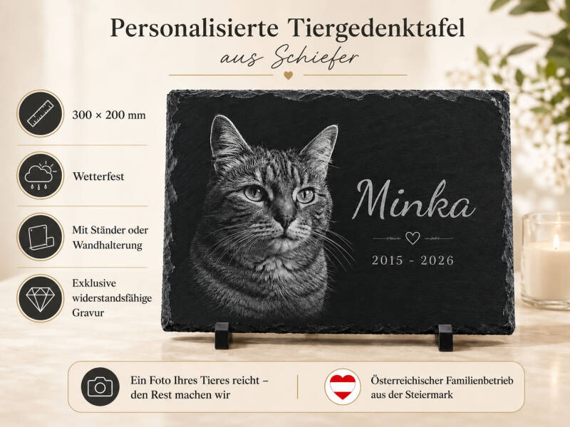 Personalisierter Grabstein für Katzen aus Schiefer mit Foto, Name, Lebensdaten und Wunschtext