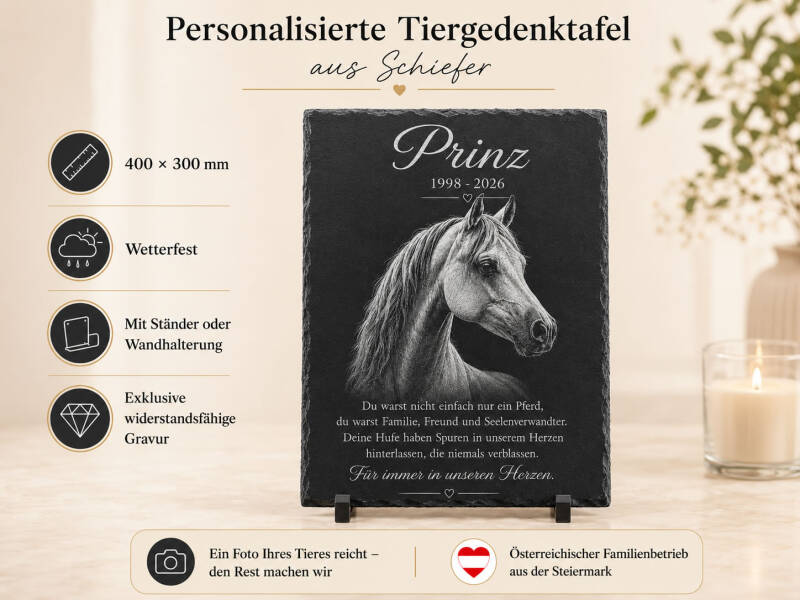 Personalisierter Grabstein für Pferde aus Naturschiefer mit Foto, Name, Lebensdaten und Wunschtext