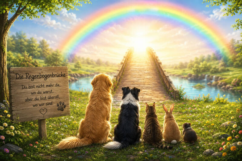 Regenbogenbrücke für verstorbene Haustiere mit Hund, Katze, Kaninchen und Kleintier vor einem hellen Regenbogenweg