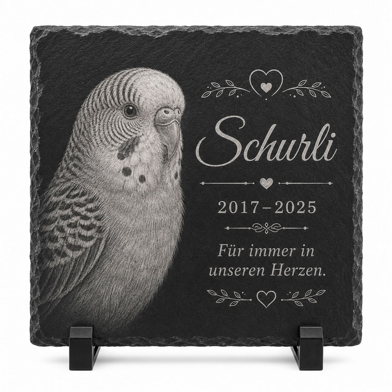 Schiefergedenktafel für Wellensittich Schurli mit Foto, Name, Lebensdaten 2017 bis 2025 und persönlichem Erinnerungsspruch