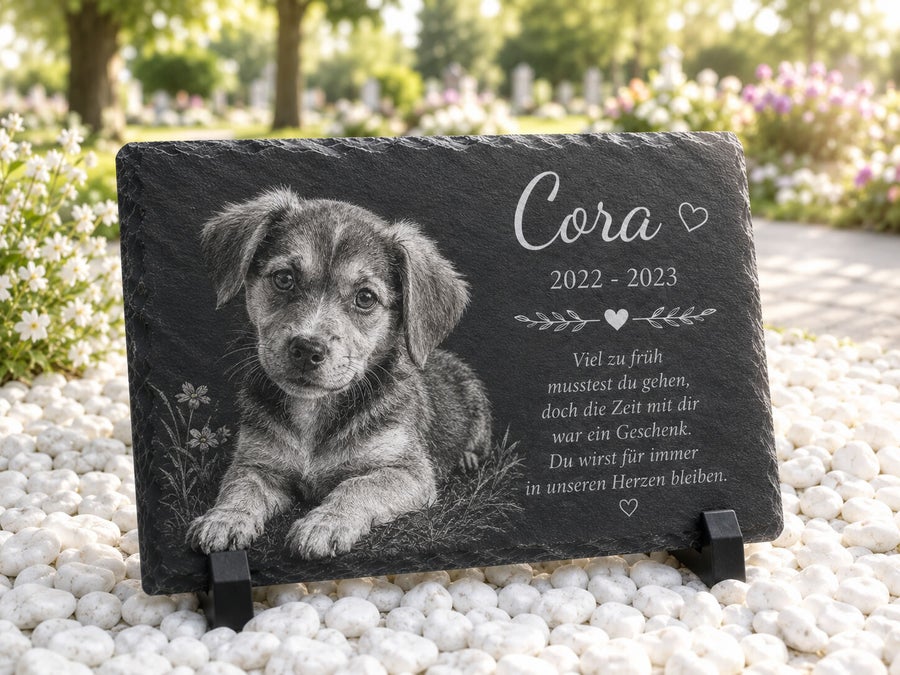 Individuelle Schiefer-Gedenktafel für einen Hund mit Foto, Name und Abschiedsspruch