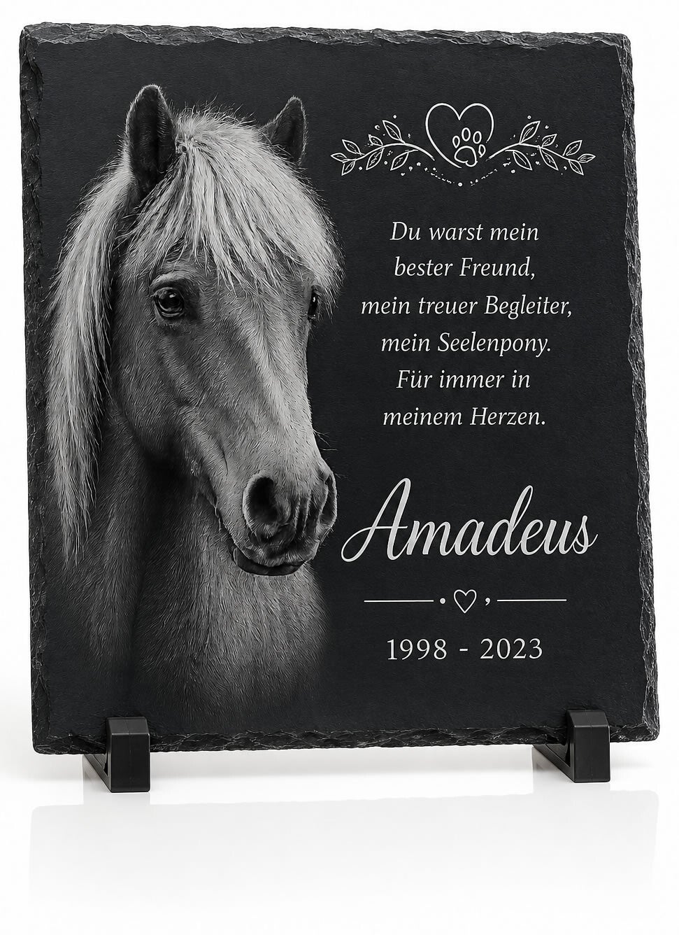 Personalisierte Tiergedenktafel aus Naturschiefer für Pferd oder Pony mit Foto Gravur und Wunschtext