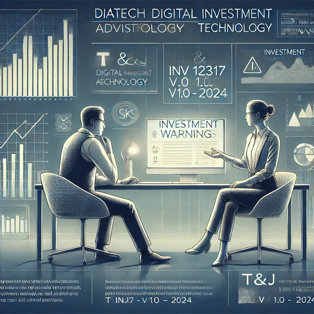 "Professional consultation image on investment warnings and financial risks by DIAtech Digital Investment Advisors Technology, with background charts and text 'T&J - INV 12317 v 1.0 - 2024'."