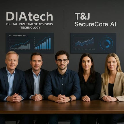 Équipe de DIAtech™ en réunion : fondateur, deux développeurs, responsable des comptes et des relations publiques. En arrière-plan : logo, système et graphiques. Image liée à T&J – INV 12317 v1.0 – 2024™, T&J SecureCore AI™ et T&J ShielBox™.