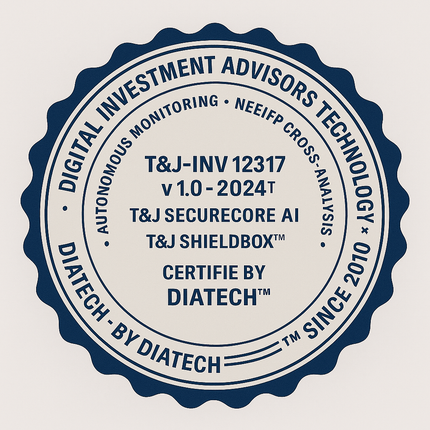 Official DIAtech™ seal: T&J–INV 12317 v 1.0–2024™ technology, T&J SecureCore AI™ system, and T&J ShieldBox™ device. Brand used since 2010.