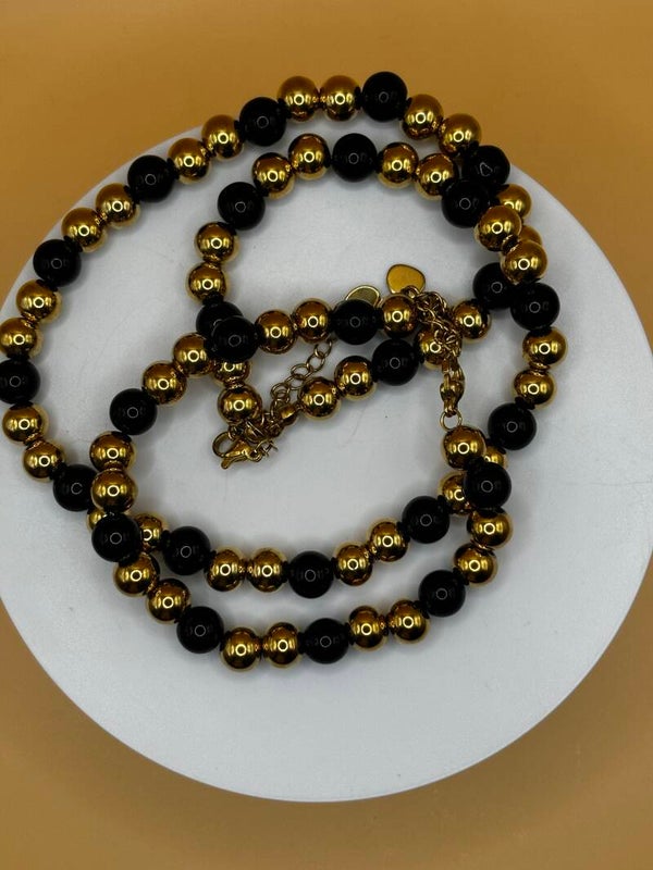 black and gold beaded necklace and bracelet set 8mm bead
