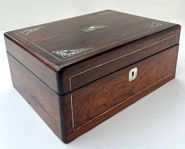 Stunning Rosewood Jewellery/Sewing Box with Mother of Pearl detail and Pewter Stringing (Circa 1900-1910)