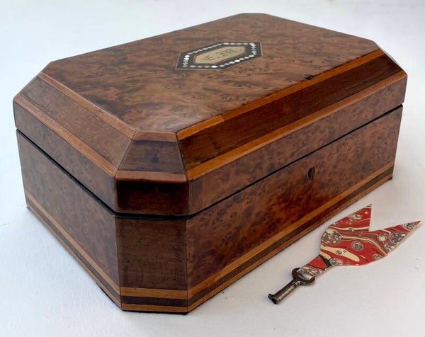 Antique Burr Walnut Jewellery/Cufflink Box with Mother of Pearl Inlay (Late 19th Century)