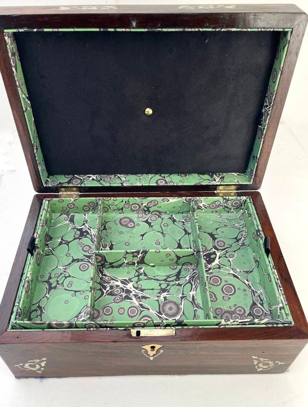 Antique Rosewood Jewellery Box (or Sewing Box) with Mother of Pearl detail  (Circa 1890-1900)