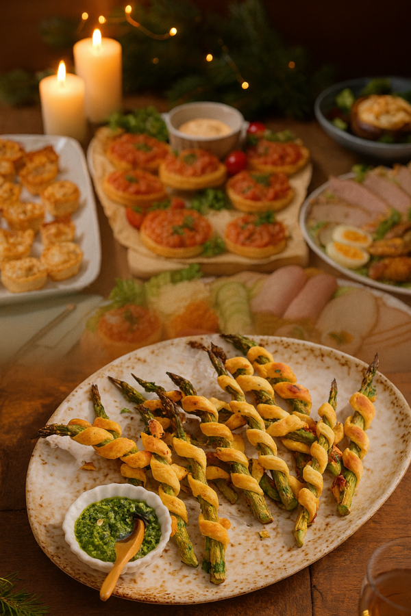 Groene asperges met bladerdeeg en pestodip