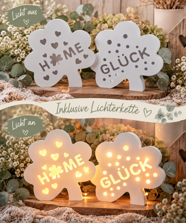 Glücksklee „HOME & GLÜCK“ mit Lichterkette 🍀