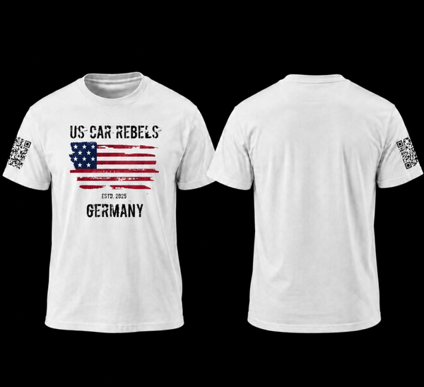 US Car Rebels T-Shirt, weiß, Druck vorne und Ärmel rechts
