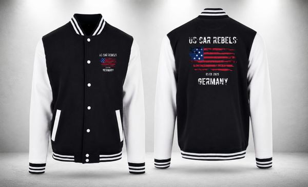 College Jacke / Baseball Jacke, Rebels Druck vorne links & hinten, schwarz/weiß