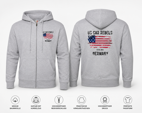 US Car Rebels Kapuzenjacke, grau melange, Druck vorne links und hinten