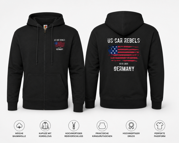 US Car Rebels Kapuzenjacke, schwarz, Druck vorne links und hinten