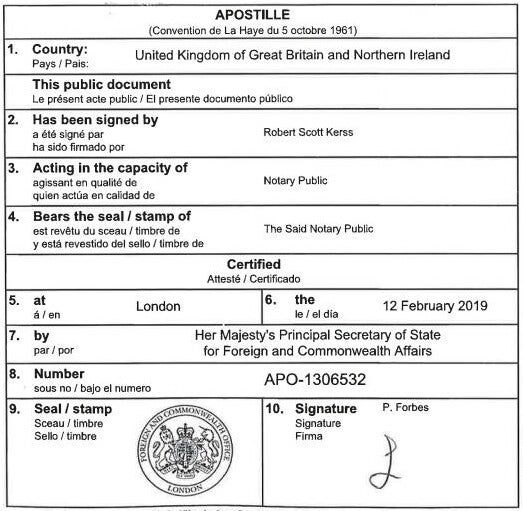 Beispiel einer Apostille in 3 Sprachen, Englisch, Französisch, Spanisch