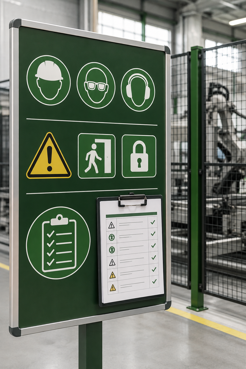 Arbeitsschutzzeichen und Sicherheitscheckliste in einer industriellen Produktionsanlage