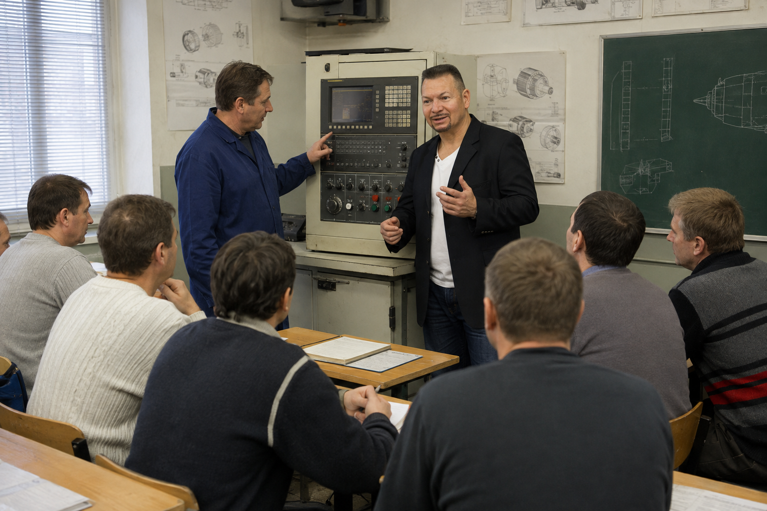Dolmetscher bei einer technischen Schulung an einer CNC-Maschine
