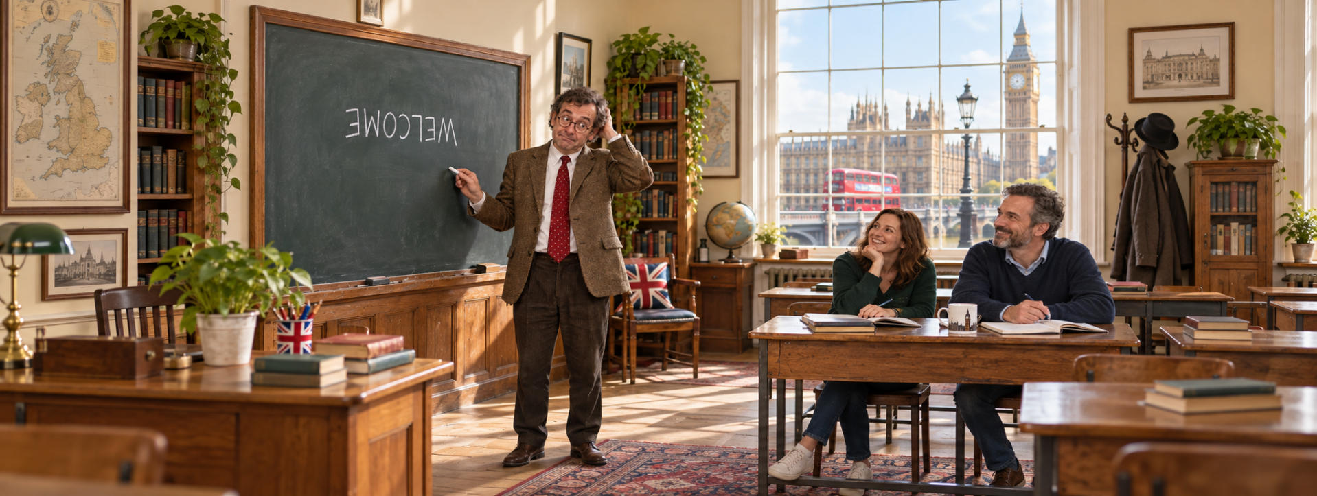 Englischunterricht mit britischem Humor – Lehrer vor einer Tafel im Londoner Klassenzimmer