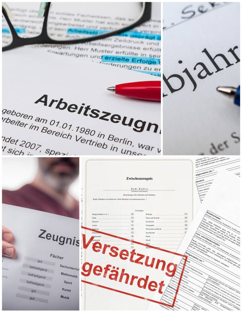 Fotomontage, die verschiedene Arten von Zeugnissen zeigt, wie Arbeitszeugnis, Schulzeugnisse, u.a. mitr Vermerk "Versetzung gefährdet"