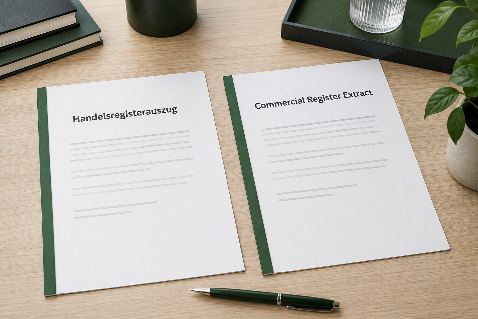 Symbolbild für die Übersetzung von Handelsregisterauszügen; zwei Dokumente "Handelsregisterauszug" und "Commercial Registaer Extract" in deutscher und englischer Sprache