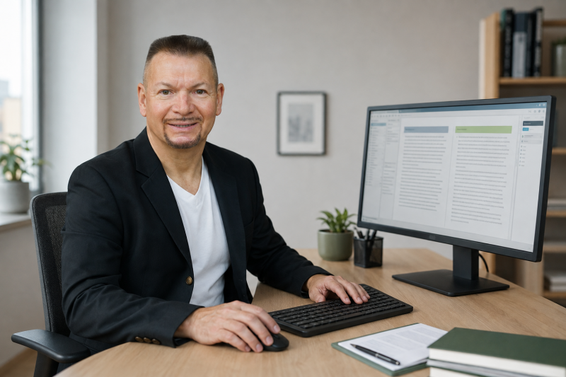 Hans-Albrecht Hartmann, Diplomsprachmittler, in Anzugjacke und weißem T-Shirt am PC mit Tastatur und Bildschirm