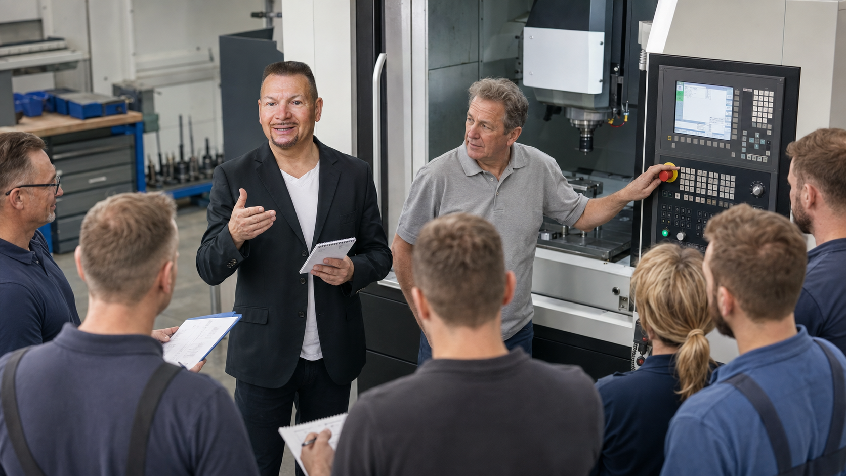 Hans-Albrecht Hartmann, Russisch-Dolmetscher, dolmetscht vor einer Gruppe CNC-Lehrgangsteilnehmern