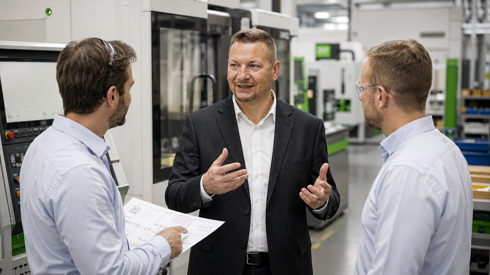Dolmetscher Hans-Albrecht Hartmann dolmetscht in einer Werkhalle, mit zwei Ingenieuren