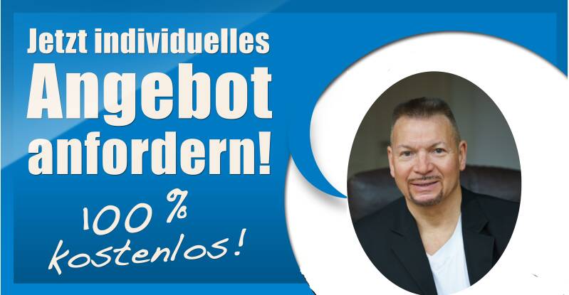 weiße Schrift mit blauem Hintergrund "Jetzt individuelles Angebot anfordern! 100 % kostenlos! und Porträt Hans-Albrecht Hartmann