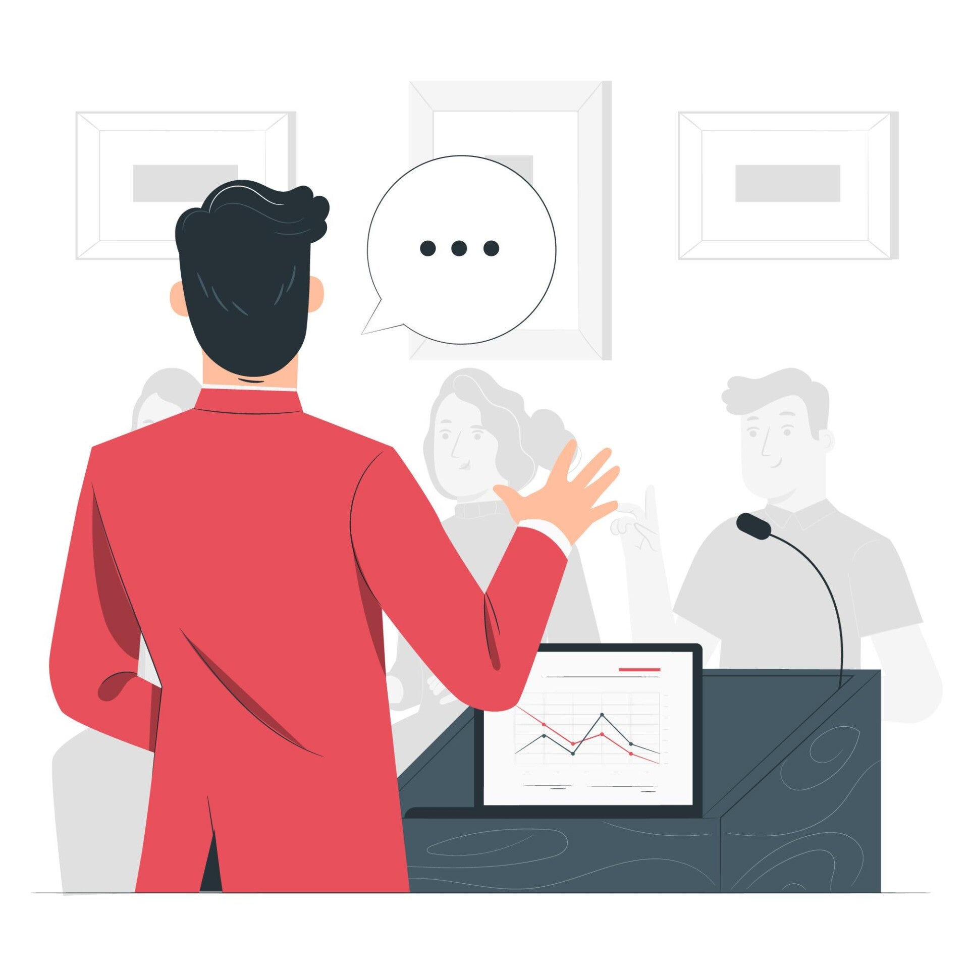 Mann in rotem Jacket steht vor Menschengruppe und spricht