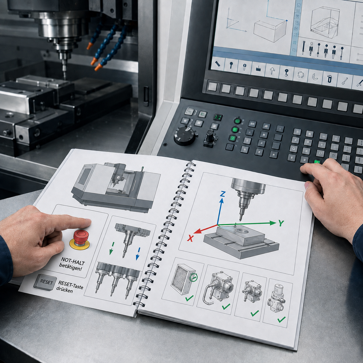 Technische Schulungsunterlagen vor der Steuerung einer CNC-Maschine