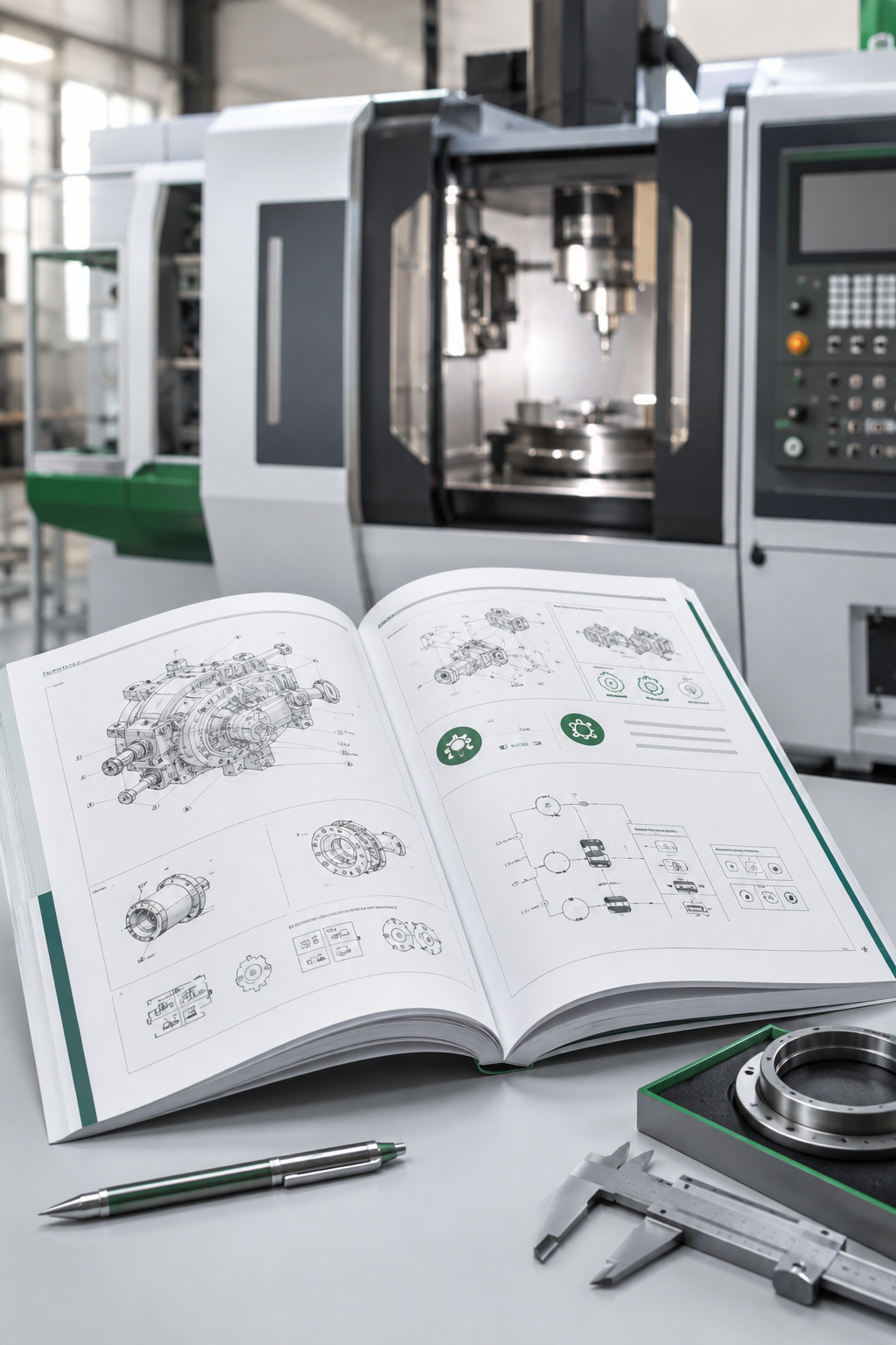 Technische Dokumentation und Messwerkzeuge vor einer CNC-Maschine