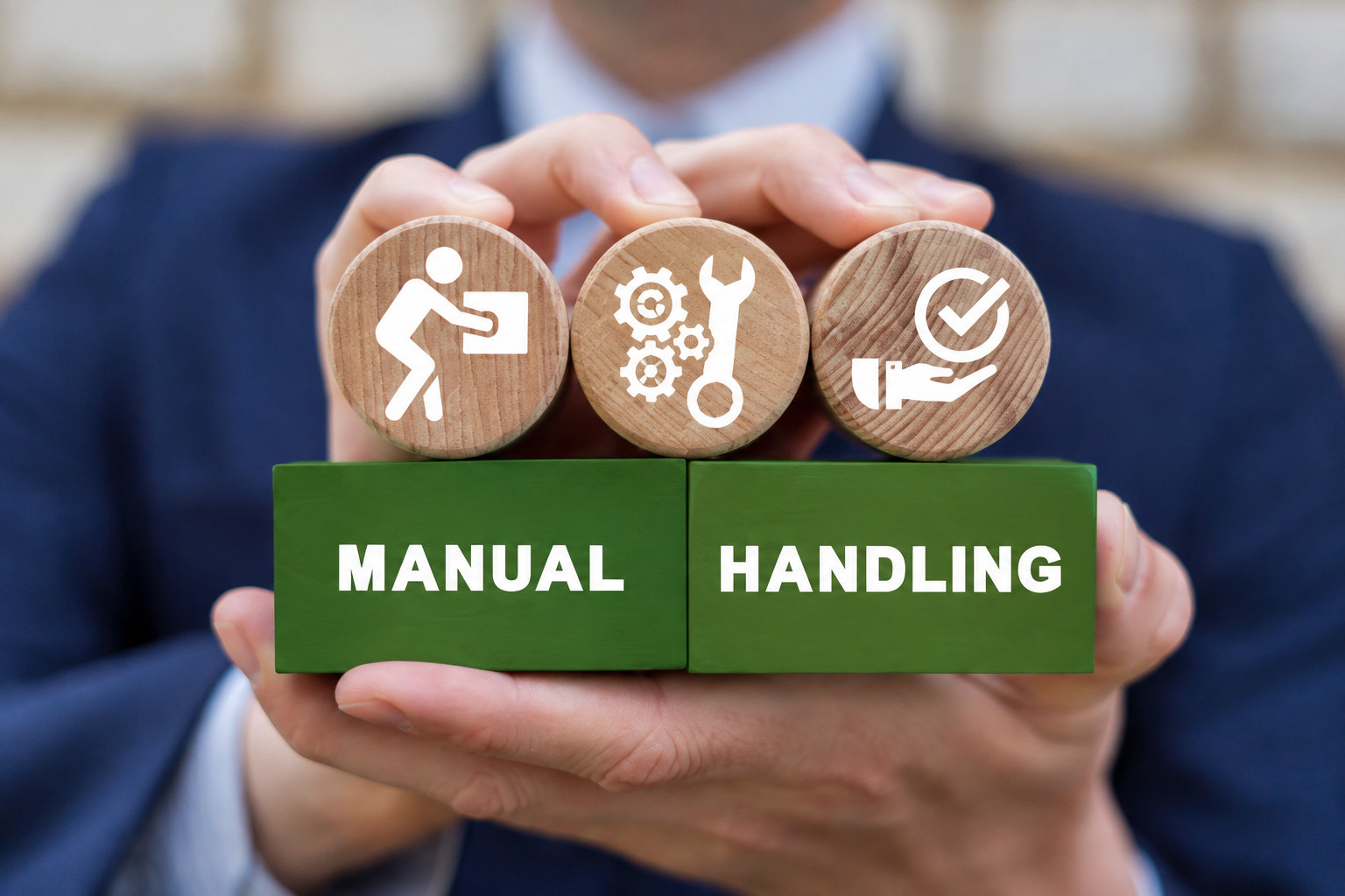 Texte "Manual" für Handbuch und "Handling"  für Handhabung, Bedienung in englischer Sprache, Symbole werden von Mann gehalten