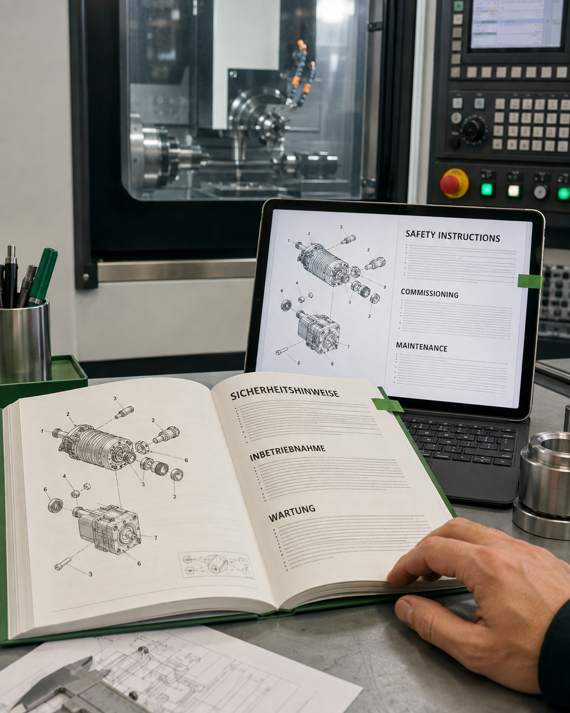 Technische Dokumentation und Bedienungsanleitung an einer CNC-Maschine